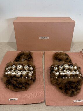 Miu Miu  Faux Pearl Accents Fur Slides  Women's Size 9